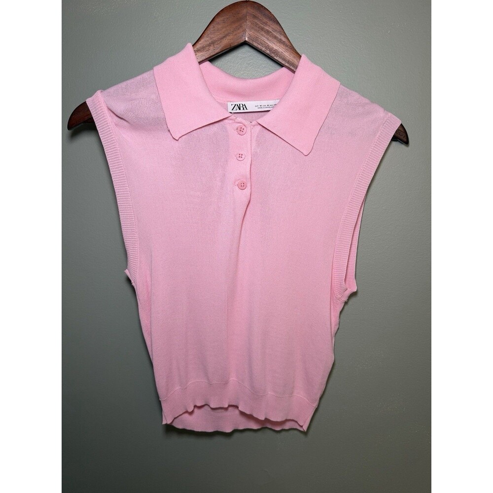 Zara Women's Pink Sleeveless Knit Polo Top Size M Collared Button Preppy Vest